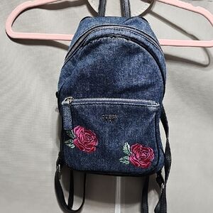Guess Blue Denim Backpack with Red Floral Design